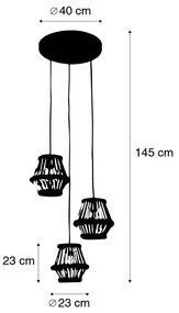 Lampada a sospensione orientale in bambù con paralume rotondo nero 3 luci - Evalin