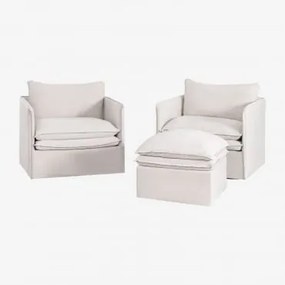 Set Lounge Grace In Lino E Cotone Con 2 Poltrone E Puff Tessuto Bianco Antico - Sklum