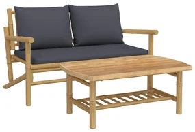 Set salotto da giardino 2pz con cuscini grigio scuro bambù