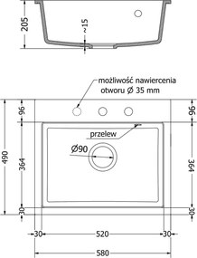 Mexen Oscar lavello da cucina in granito a 1 vasca 580 x 490 mm, nero, sifone cromato - 6519581000-77