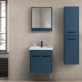 Mobile bagno sospeso 55 cm blu effetto legno con armadietto a specchio Sofia