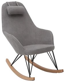 Poltrona - sedia a dondolo in tessuto grigio chiaro e piedi in metallo e legno JHENE