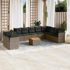 Set divani da giardino 11 pz con cuscini in polyrattan grigio