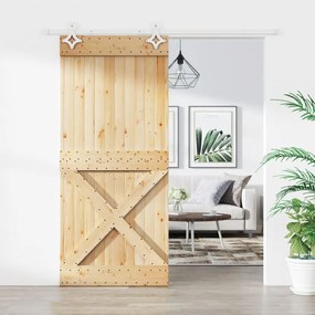 Porta Scorrevole Con Set Hardware 90x210 Cm Legno Massello Pino /
