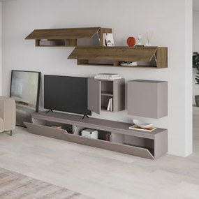 Parete Attrezzata 250 Cm Con Base Moka E Pensili Noce Effetto Legno Licia