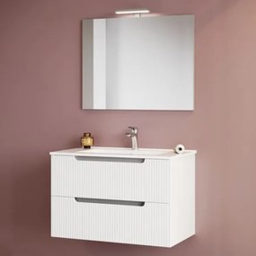 Mobile Da Bagno Cannettato 80 Cm Con Lavabo Specchio E Led LINE - Bianco Lucido