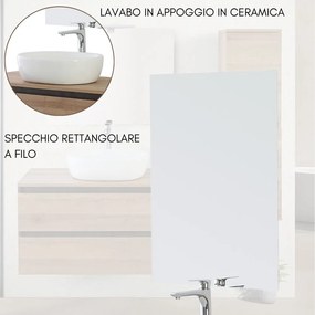 Mobile Bagno Sospeso con Lavabo da Appoggio e Specchio 2 Cassetti Salvaspazio in Legno cm 80 – Rovere di Bordeaux