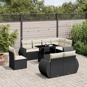 Set divani da giardino 9 pz con cuscini nero in polyrattan