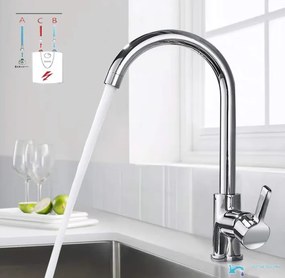 Rubinetto da cucina a bassa pressione EYN NT1311 da piano in ottone con bocca girevole, finiture cromo e argento