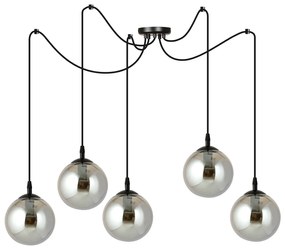 Lampadario 5 Luci Ginevra In Acciaio Nero Con Cavo Lungo E Vetri Fumè