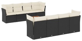 Set divani da giardino 9 pz con cuscini nero in polyrattan