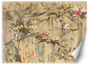 Carta Da Parati, Scimmie nella giungla tropicale Beige Marrone Arancione 100x70 Autoadesiva Fliselina TNT