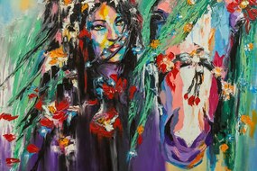 Carta da parati – Dipinto a olio donna e cavallo