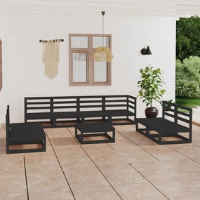 Set divani da giardino 9 pz nero in legno massello di pino