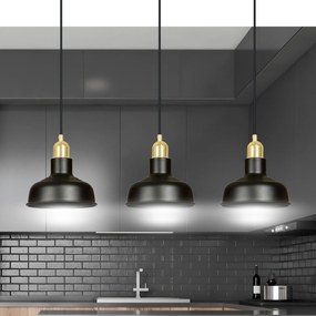Lampadario Industrial 3 Luci Kubera In Acciaio Nero Con Elementi In Oro