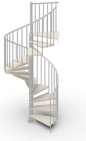 Scala a chiocciola a base tonda Luna IRIS, con corrimano, larghezza 120 cm, struttura in acciaio grigio argento, gradini in legno faggio, colore bianco