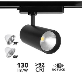 Faro LED 40W Monofase Nero 38°e 60° 130LM/W CRI92 no Flickering Colore Bianco Caldo 2.700K