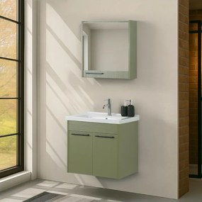 Mobile bagno sospeso 65 cm verde effetto legno con armadietto a specchio Sofia
