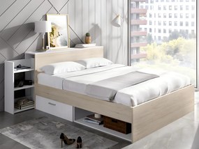 SALDI -  Letto con testata vani portaoggetti e cassetti 140 x 190 cm Naturale e Bianco + Rete - FLORIAN