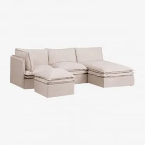 Divano Componibile Con Chaise Longue E Pouf Grace In Lino E Cotone In 3 Pezzi Tessuto Beige - Sklum