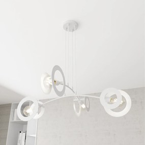 Lampadario 4 Luci Crono Acciaio Bianco A Bracci E Diffusori A Doppio Cerchio