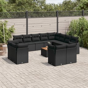 Set divani da giardino 13pz con cuscini nero in polyrattan