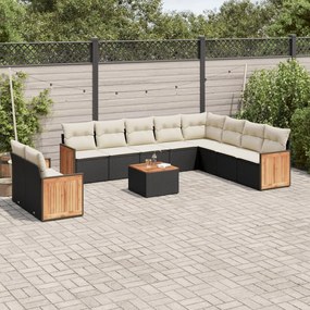 Set divani da giardino 11 pz con cuscini in polyrattan nero