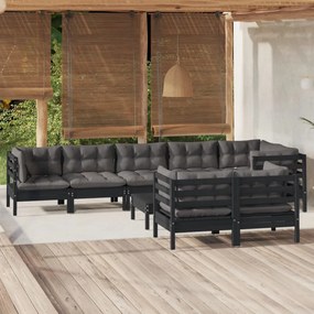 Set divani da giardino 9 pz con cuscini neri legno di pino