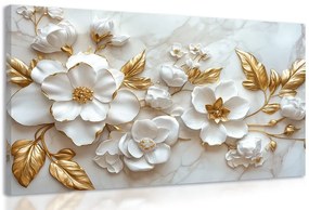 Quadro su tela – Fiori 3D con foglie dorate