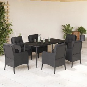 Set da pranzo da giardino 7 pz nero con cuscini in polyrattan