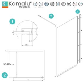 Kamalu - doccia walkin 70 cm con profilo finitura oro lucido kw-100g