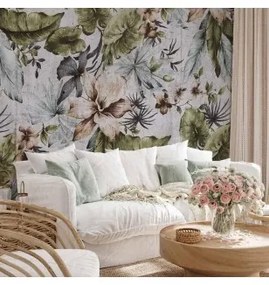 Carta da parati - Nature in retro style - jungle landscape with pale leaves and flowers Standard 250x175