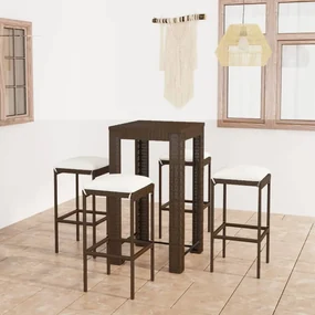 Set da bar da giardino 5 pz con cuscini in polyrattan marrone
