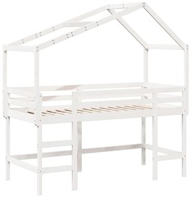 Letto soppalco con scala e tetto bianco 90x190 cm massello pino