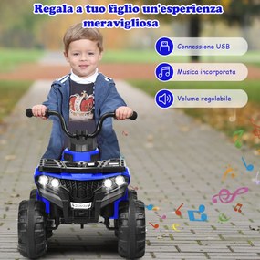 Costway Quad ATV cavalcabile con fari e musica per bambini, Giocattolo elettrico con batteria 6 V e AUX Blu