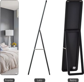 Specchio da Terra e da Parete 37x43x156 cm con Struttura in Legno e Supporto Pieghevole Nero...