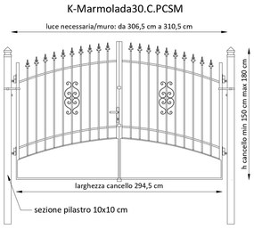 Cancello manuale con serratura manuale Marmolada in ferro, apertura centrale, L 308.5, H 165-195 cm, di colore ruggine