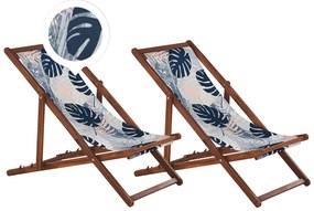 Set di 2 sedie a sdraio legno acacia scuro motivo foglie tropicali blu ANZIO Beliani