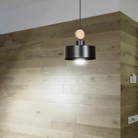 Sospensione 1 Luce Zhurong In Acciaio Nero E Legno Naturale