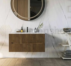 Mobile bagno noce 90x46 cannettato Urbino due cassetti con lavabo in ceramica frontale