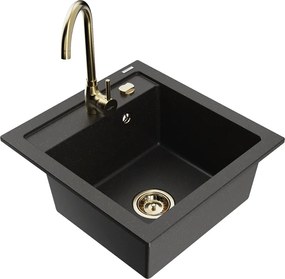Mexen Vito lavello in granito a 1 vasca con rubinetto da cucina Telma, nero/oro metallico - 6503-75-670200-50
