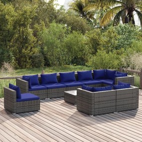 Set Divani da Giardino 10 pz con Cuscini in Polyrattan Grigio