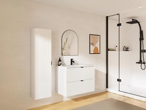 Mobile per bagno sospeso con scanalature e lavabo da incasso e colonna 80 cm Bianco opaco - ZEVINI