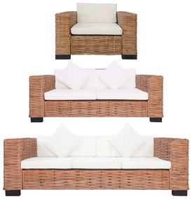 Set divani 3 pz con cuscini in rattan naturale