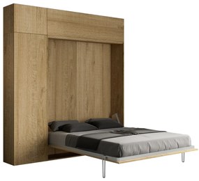 Letto matrimoniale a scomparsa 160 verticale Kentaro con colonna e pensili, Quercia Natura / Colonna e Pensili