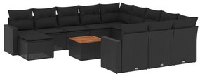 Set divani da giardino 13pz con cuscini nero in polyrattan