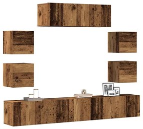 Set Mobile Tv 7 Pz Montato A Parete Legno Antico İn Truciolato /