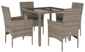 Set da pranzo da giardino 5 pz con cuscini polyrattan e vetro