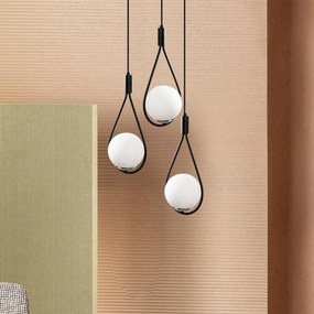 Opviq Lampada a sospensione Mudoni MR-938 a 3 luci rotonda nera/vetro opalino