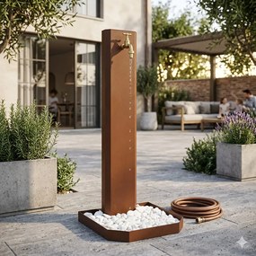 Fontana da Giardino Design a Colonna Ovale Rubinetto in Ottone e Base con Ciottoli Corten...